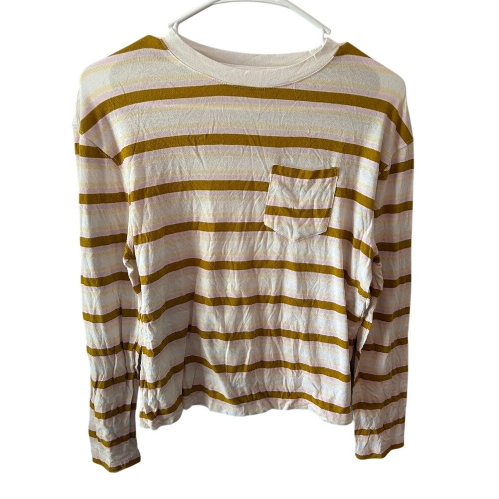 A New Day Womens XS Striped Long Sleeve Pocket T-Shirt Mustard Pink Cream Boxy